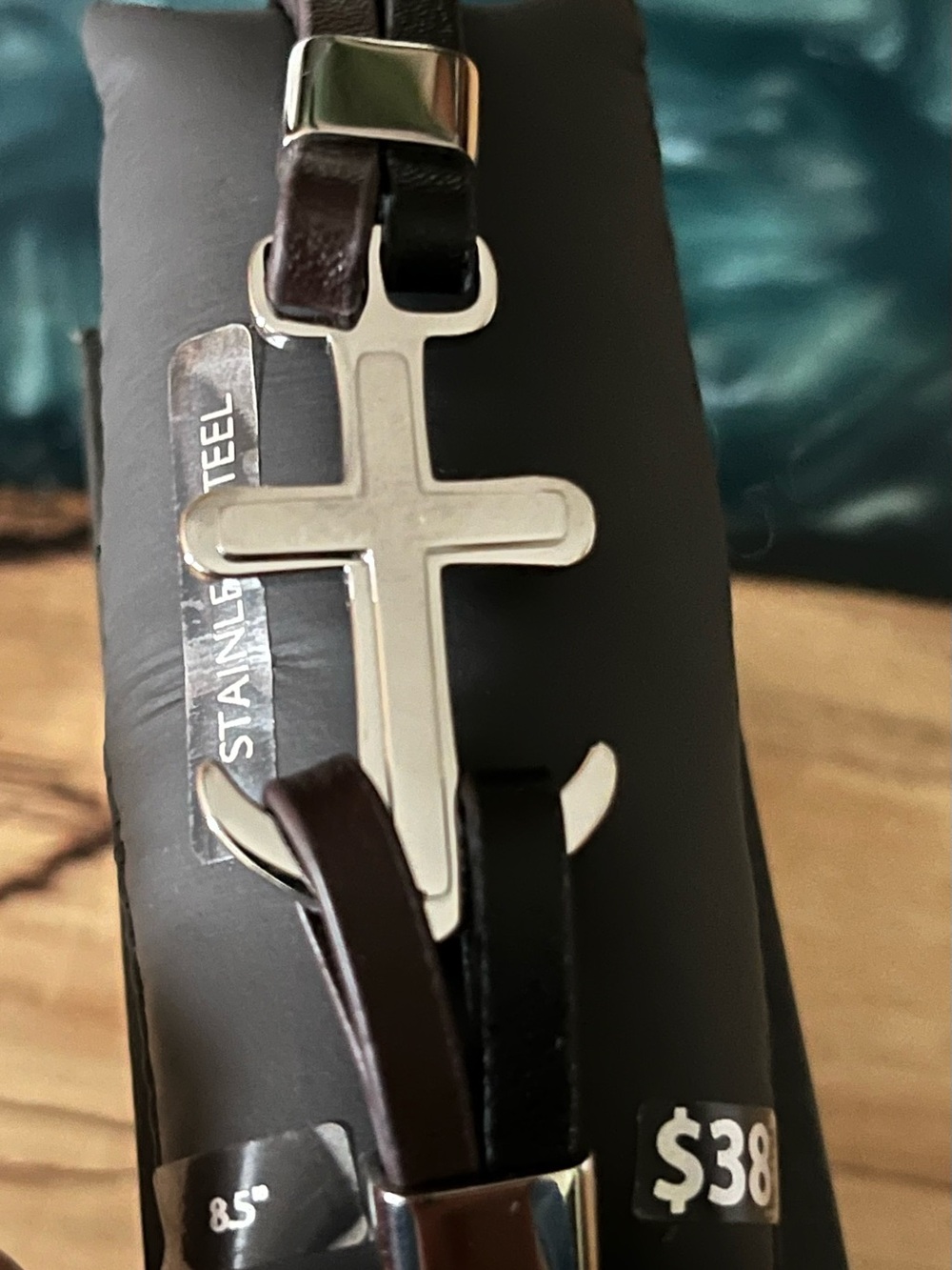 Stainless Steel Cross and Anchor Leather Bracelet NIB